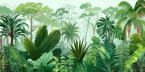 Lush green tropical jungle illustration with dense, layered foliage and exotic plants.