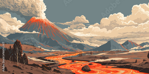 Stylized landscape of an erupting volcano with a flowing river of molten lava.