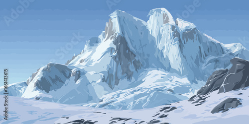 A majestic, snow-covered mountain with jagged peaks in a stylized, graphic illustration.
