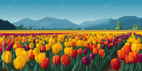 Stylized illustration of a vast tulip field with colorful rows of yellow, red, and purple flowers.