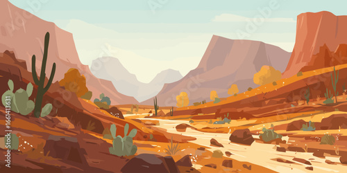 Stylized vector illustration of a warm desert canyon with a river and cacti.
