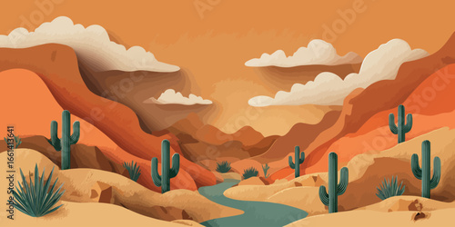 Stylized desert canyon landscape with layered mountains, saguaro cacti, and a winding river under a cloudy sky.