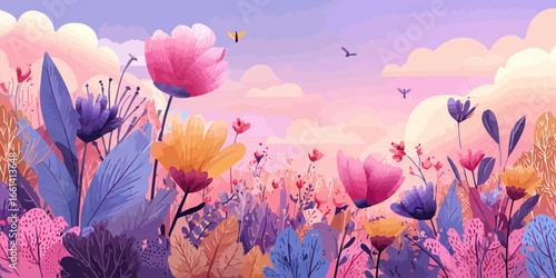 Vibrant, stylized floral meadow illustration with blooming pink, purple, and yellow flowers and lush leaves.