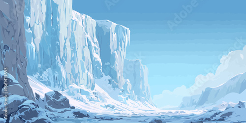 Stylized illustration of a towering ice cliff and frozen valley in a vast, desolate arctic landscape.