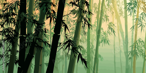 Stylized illustration of a dense bamboo forest with silhouetted stalks and misty green light.