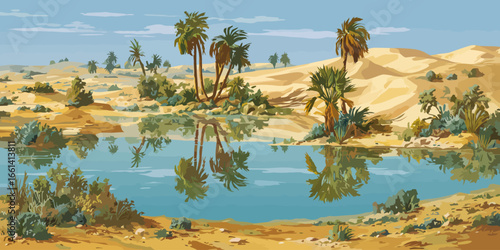 Serene desert oasis landscape with palm trees reflecting in calm blue water.