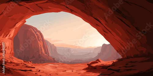 Warm-toned digital illustration of a desert canyon viewed from a red rock cave opening.