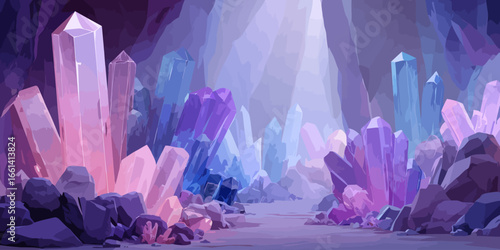 Mystical cavern landscape with large, glowing purple, pink, and blue crystal formations.