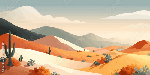 Minimalist desert landscape illustration with warm orange dunes, distant mountains, and saguaro cacti.