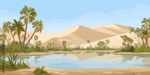 A picturesque desert oasis landscape with a calm lake, green vegetation, and large sand dunes.