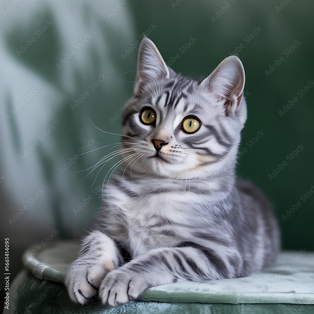 Obraz premium Cute gray tabby kitten is sitting on a green chair looking up curious
