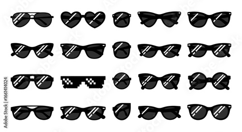 Collection of stylish sunglasses in various shapes and designs.