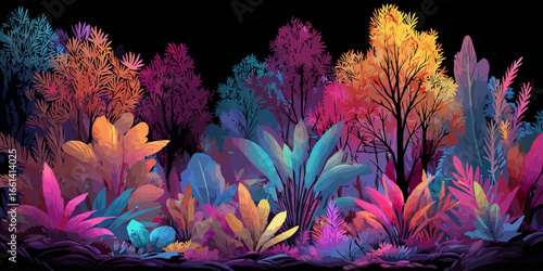 A panoramic illustration of a vibrant, stylized fantasy forest with glowing, multicolored foliage.