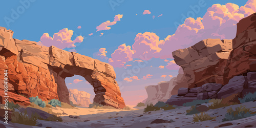 Majestic sandstone arch in a desert canyon under a vibrant, cloudy sky, digital illustration.