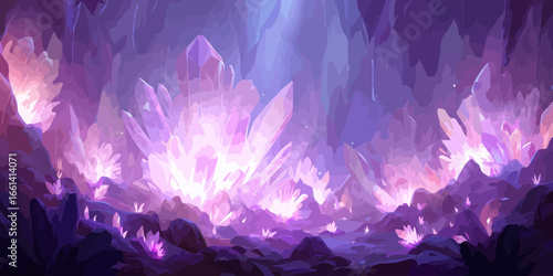 A magical cavern filled with glowing purple and pink crystal formations and luminous faceted gems.