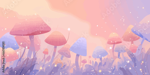 Enchanting landscape of colorful pastel mushrooms and glowing spores in a dreamy, whimsical style.