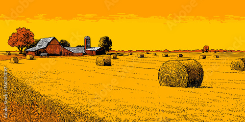 Graphic woodcut style illustration of a farm landscape with hay bales under a golden sky.