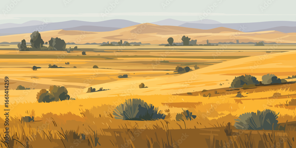 Obraz premium Golden prairie landscape with sagebrush and distant purple mountains in a flat vector style.
