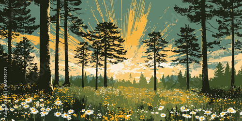 Graphic illustration of a sunlit pine forest with a vibrant meadow of wildflowers.