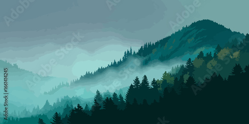 Layered vector illustration of a misty mountain range with evergreen forest silhouettes in cool blue and green tones.