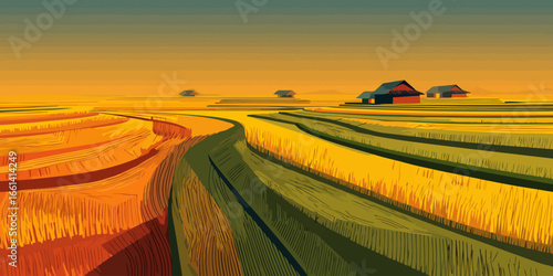 Vibrant illustration of a rural landscape with golden terraced fields and distant farmhouses under a warm sky.