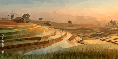 Low-poly illustration of golden rice terraces cascading down a hillside with rustic huts during a warm, hazy sunset.
