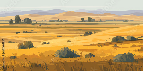 Golden prairie landscape with sagebrush and distant purple mountains in a flat vector style.