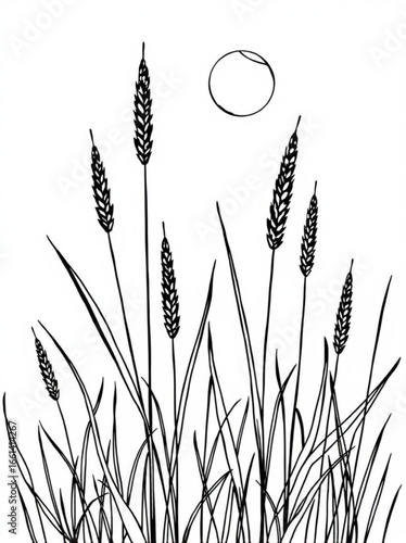 Minimilist illustration of tall grass and wheat stalks under a simple circle representing the sun or moon light vector