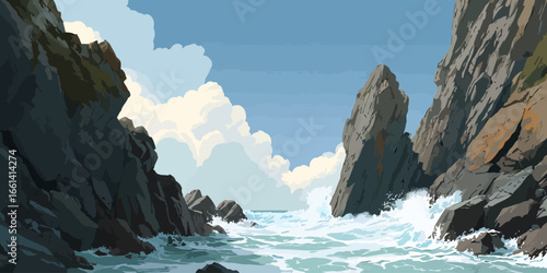 Stylized illustration of a rugged, rocky coastline with turbulent ocean waves crashing against cliffs under a cloudy sky.