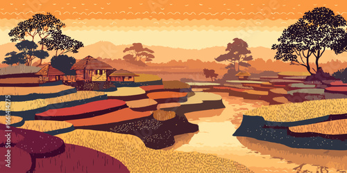 Vibrant illustration of a rustic village nestled among colorful terraced rice paddies under a warm, orange sky.