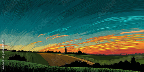 Vibrant graphic illustration of a rural landscape with a windmill silhouetted against a dramatic, hatched sunset sky.