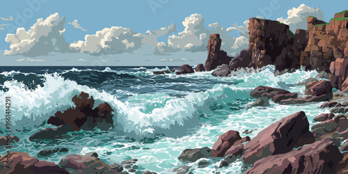 Dramatic seascape illustration of turbulent ocean waves crashing on a rugged, rocky shore.