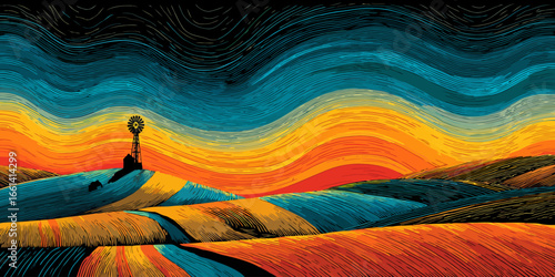 Vibrant rural landscape with a windmill on rolling hills, depicted in a dynamic, wavy, woodcut style.