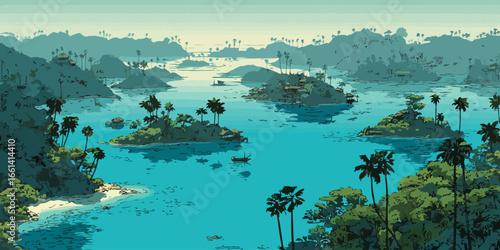 Stylized panoramic illustration of a tranquil tropical archipelago with lush islands, palm trees, and turquoise water.