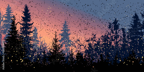 Stylized silhouette of a pine forest at twilight with glowing fireflies and falling embers.