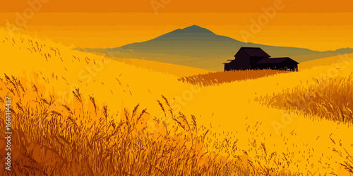 Stylized rural landscape illustration of a golden wheat field with a silhouetted barn and distant mountains at sunset.