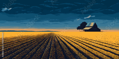 Vast golden wheat field and distant barn under a dramatic, cloudy sky in a graphic style.