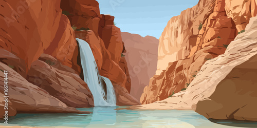 Scenic illustration of a waterfall cascading down red rock cliffs into a tranquil canyon pool
