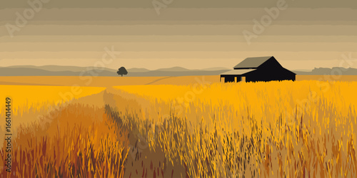 Stylized vector illustration of a rural landscape with a silhouetted barn in a golden field.