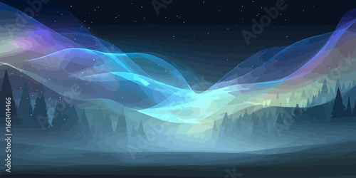 Vibrant aurora borealis illustration with waving lights over a silhouetted pine forest.
