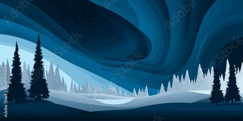 Stylized winter landscape illustration with silhouetted pine trees under a swirling blue aurora borealis and starry night sky.