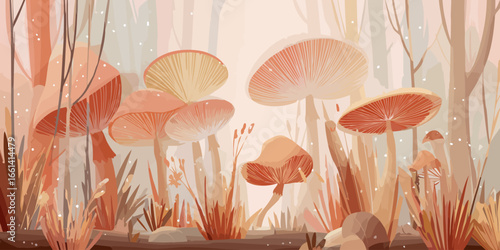 A dreamy, stylized illustration of a cluster of mushrooms in warm, earthy tones with detailed gills.