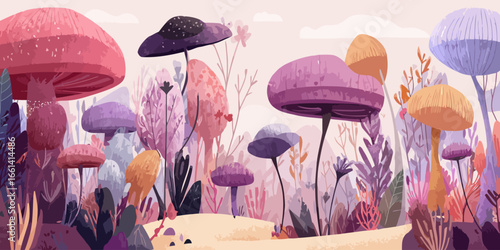 Stylized illustration of a magical mushroom forest with vibrant, whimsical fungi in pastel tones.