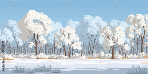 Stylized winter forest landscape with snow-covered deciduous trees and shrubs.