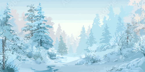 A serene winter forest landscape illustration with snow-covered pine trees and a frosty path in cool blue tones.