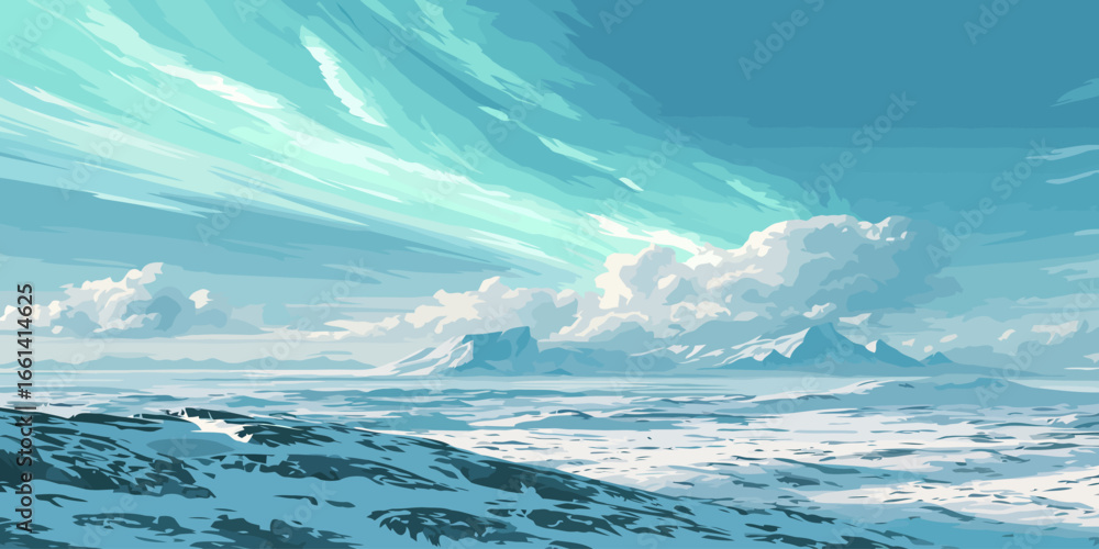 Fototapeta premium Digital painting of a vast, icy arctic landscape with a dramatic, sweeping turquoise sky.