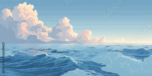 Stylized Seascape Illustration of a Calm Blue Ocean with Rolling Waves and Pink-Tinged Clouds.