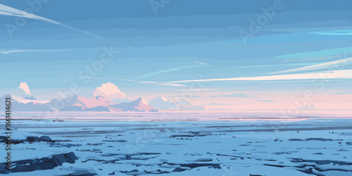 A serene, stylized illustration of a vast arctic landscape with frozen plains and distant pink-hued mountains under a pastel sky.
