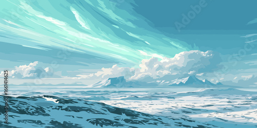 Digital painting of a vast, icy arctic landscape with a dramatic, sweeping turquoise sky.