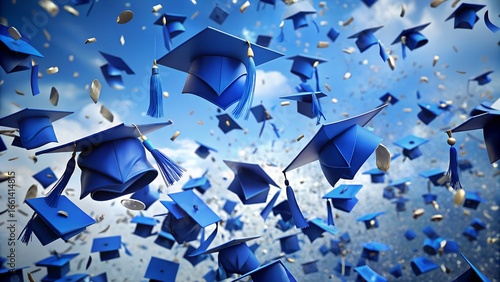 Many blue graduation caps flying in the air with confetti during a celebration